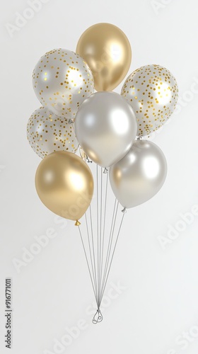 A lively arrangement of silver and gold balloons with confetti floats against a light grey backdrop for a festive celebration