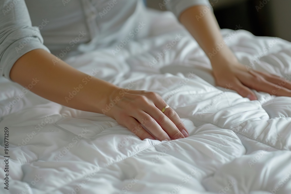 a close-up of the hands woman covering the mattress of her bed with a white fitted sheet, Generative AI. a close-up of the hands woman covering the mattress of her bed with a white fitted sheet, Generative AI.