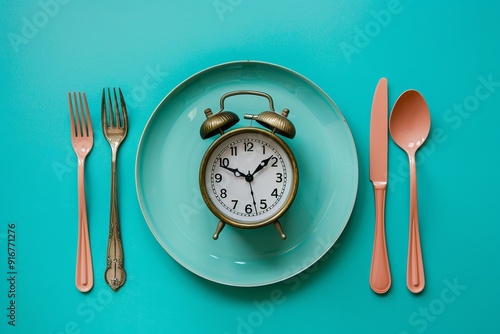 A plate with cutlery and alarm clock. Ideas on diet, lunch, weight loss, and intermittent fasting, Generative AI.