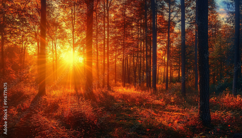 Fototapeta premium A serene sunset highlights the beauty of an autumn forest landscape, portraying the colorful foliage and tranquility of the natural environment.