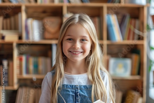 10 year old girl of Slavic appearance, blonde with long hair in a blue sarafan smiling with a book in her hands against the background of a bookcase Horizontal