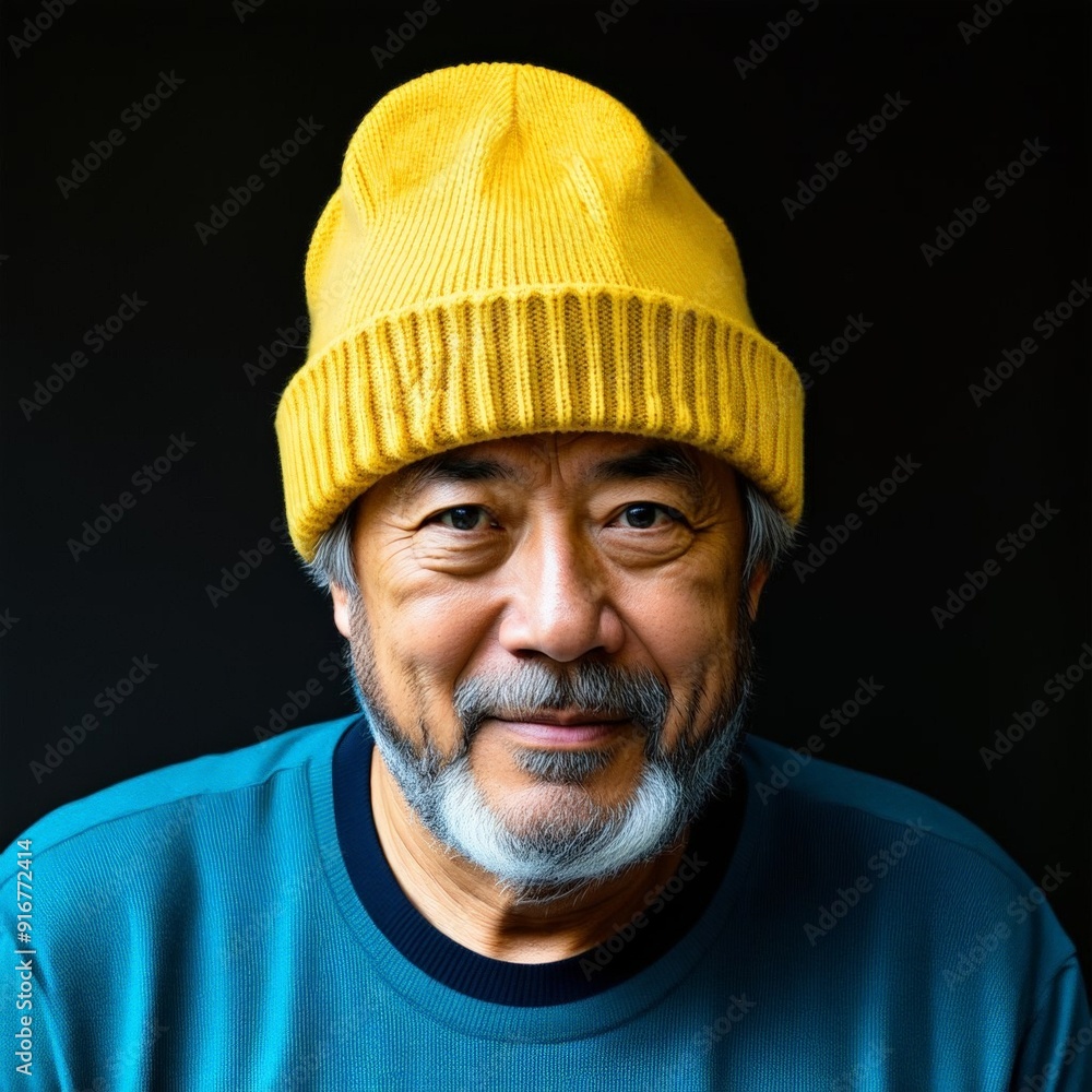 Portrait of Asian elderly man in knitted yellow beanie hat
Portrait of Asian elderly man in knitted yellow beanie hat