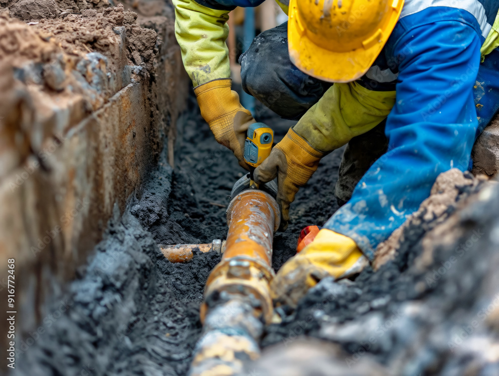 A man in a yellow helmet and a yellow glove is working on a pipe. Concept of hard work and dedication to the task at hand A man in a yellow helmet and a yellow glove is working on a pipe. Concept of hard work and dedication to the task at hand
