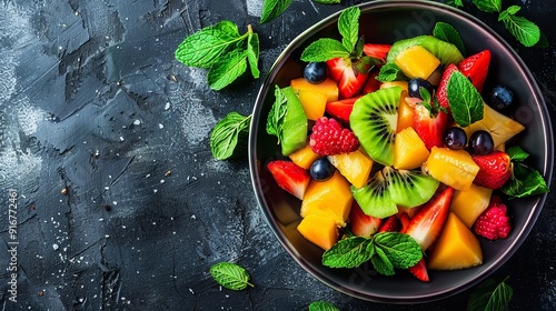 a vibrant, fresh fruit salad with mint against a somber, gloomy background, Generative AI.