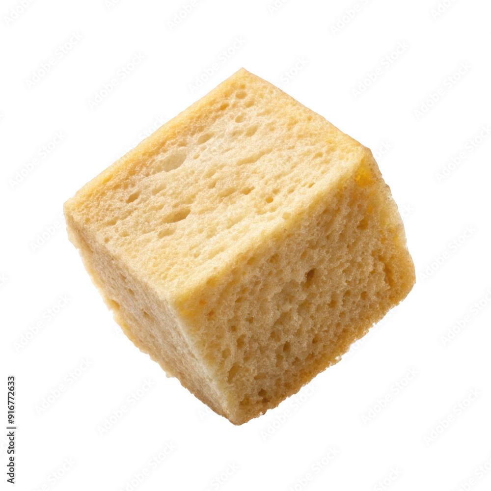 Cube of crispy bread showcasing a porous texture and golden-brown color, perfect for snacks or croutons. Isolated on transparent background, png. Cube of crispy bread showcasing a porous texture and golden-brown color, perfect for snacks or croutons. Isolated on transparent background, png.