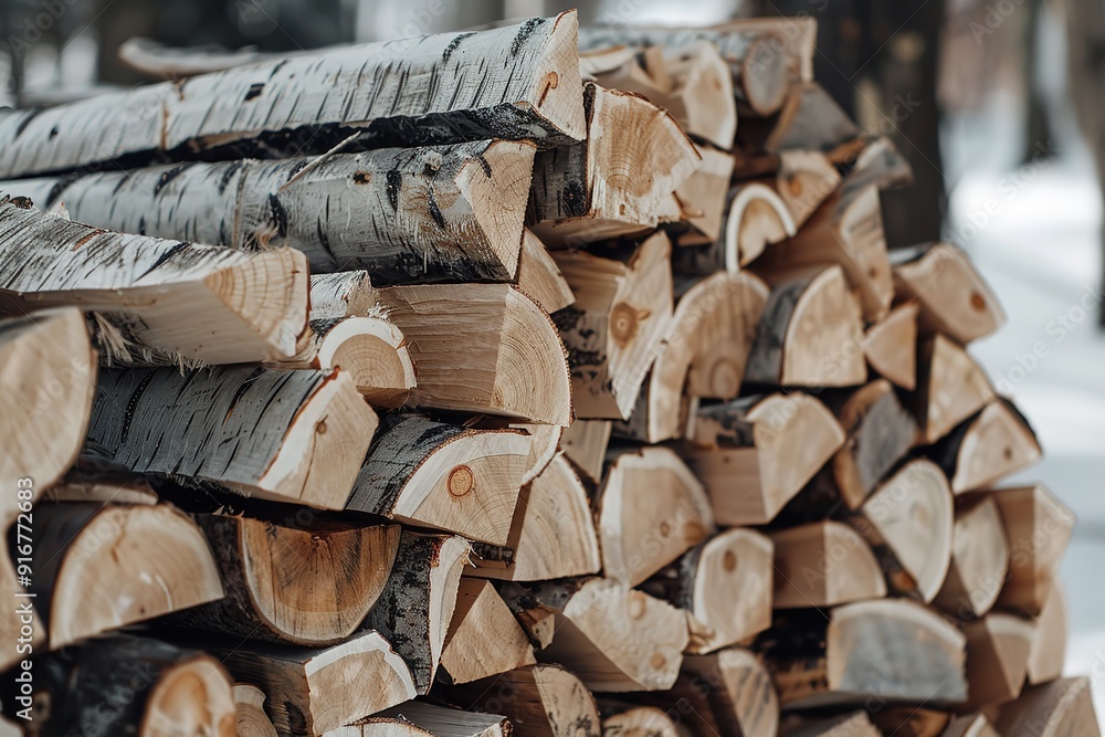Fototapeta premium A woodcutter gathers birch firewood, which is then gathered for a fireplace insert, Generative AI.