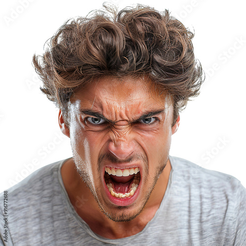 Portrait of frustrated young man shouting with fierce look showing raw emotion isolated on transparent background photo