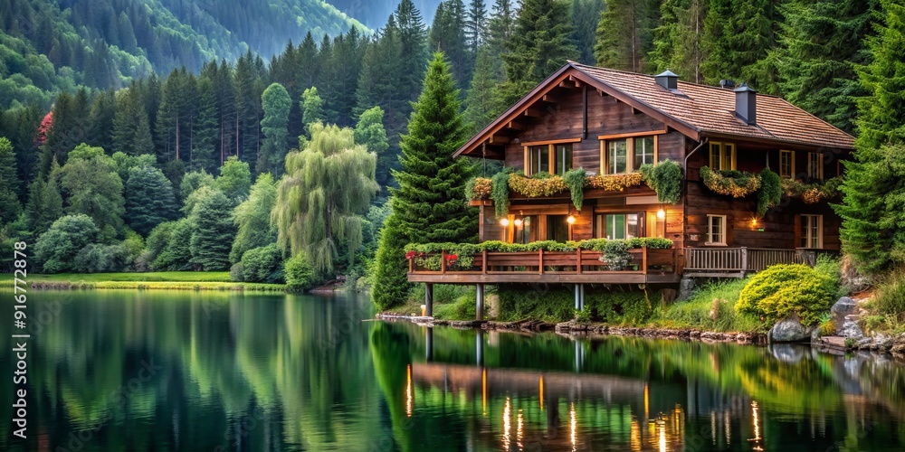 Serene lakeside scenery featuring a rustic brown house adorned with lush green garland on the balcony, surrounded by forest. Serene lakeside scenery featuring a rustic brown house adorned with lush green garland on the balcony, surrounded by forest.