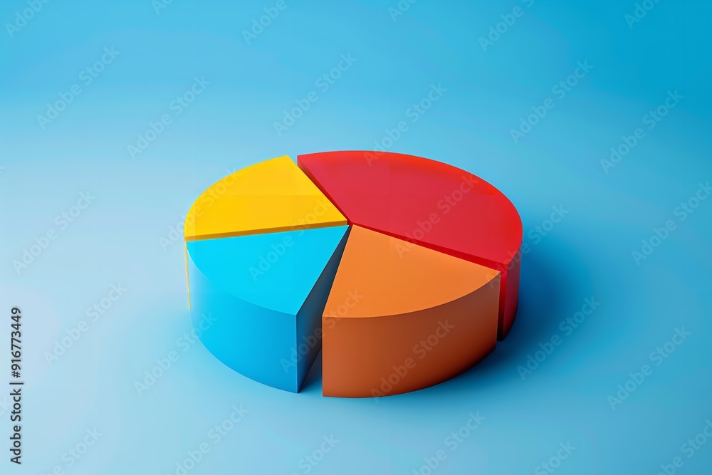 Fototapeta premium An illustration of a pie chart in three dimensions. There are four divisions that are separated by various colors. Orange, red, yellow, and blue are the colors, Generative AI.