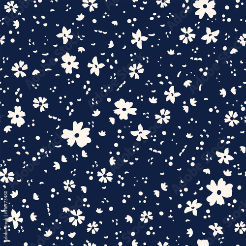 Cute little flowers with dots all over surface print. Random placed, vector botanical elements aop, seamless repeat pattern on dark blue background.