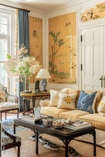 Interior of a bright living room with a white sofa, a coffee table in the chinoiserie style. Vertical