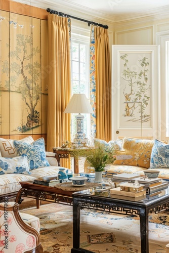 Living room interior with white sofa, pillows and silk wallpaper in chinoiserie style. Vertical