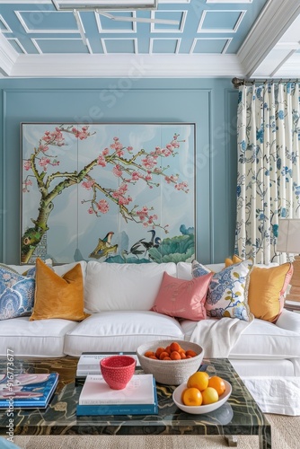 Living room interior with white sofa, pillows and chinoiserie style painting on the wall.