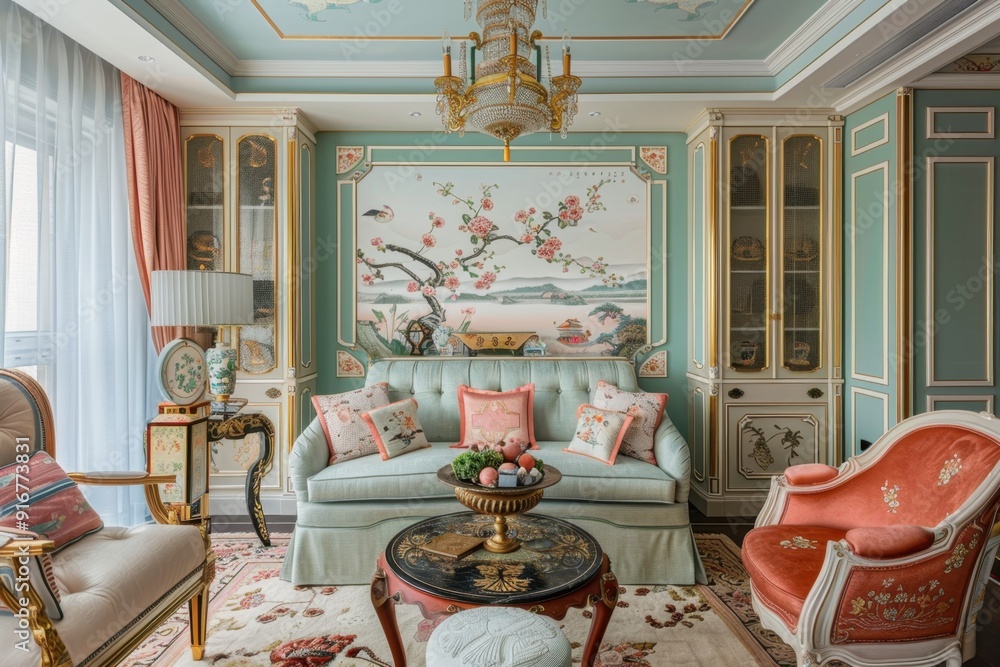 Fototapeta premium interior of a bright living room with a light sofa, painted walls, large windows in the chinoiserie style.