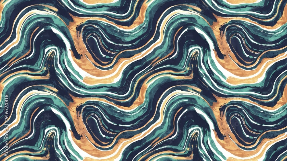 Fototapeta premium Abstract watercolor tiedye marble liquid wavy curves with brush strokes stripes seamless pattern batik background