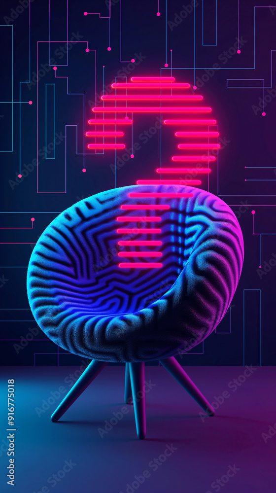 A stylish chair emits a radiant glow from neon lights on a high-tech backdrop, creating a striking atmosphere in a contemporary space A stylish chair emits a radiant glow from neon lights on a high-tech backdrop, creating a striking atmosphere in a contemporary space