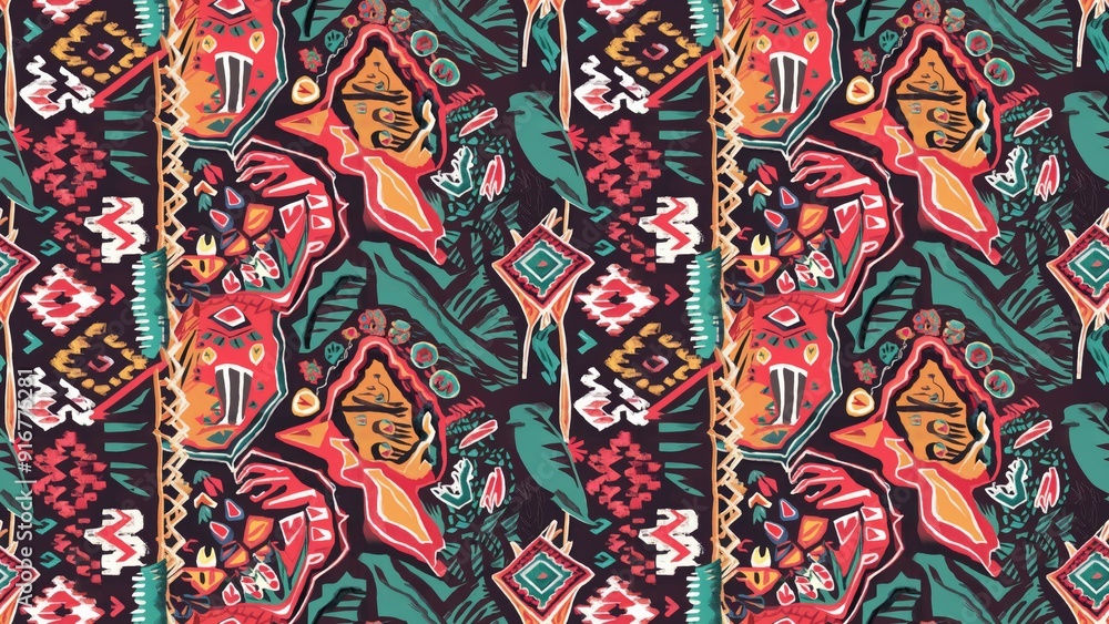 Abstract traditional folk antique graphic textile design featuring tribal embroidery stitches and ikat repeat patterns Ethnic ikat seamless pattern with a tropical influence Abstract traditional folk antique graphic textile design featuring tribal embroidery stitches and ikat repeat patterns Ethnic ikat seamless pattern with a tropical influence