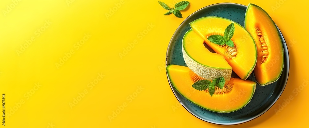 Slices of cantaloupe melon on a blue plate with mint leaves, on a bright yellow background. A summery and refreshing image of a delicious fruit. Slices of cantaloupe melon on a blue plate with mint leaves, on a bright yellow background. A summery and refreshing image of a delicious fruit.