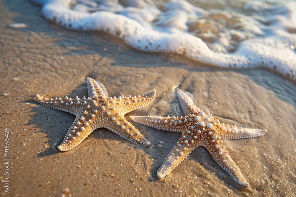Beach with starfish, motif of summer vacation, Generative AI. Beach with starfish, motif of summer vacation, Generative AI.