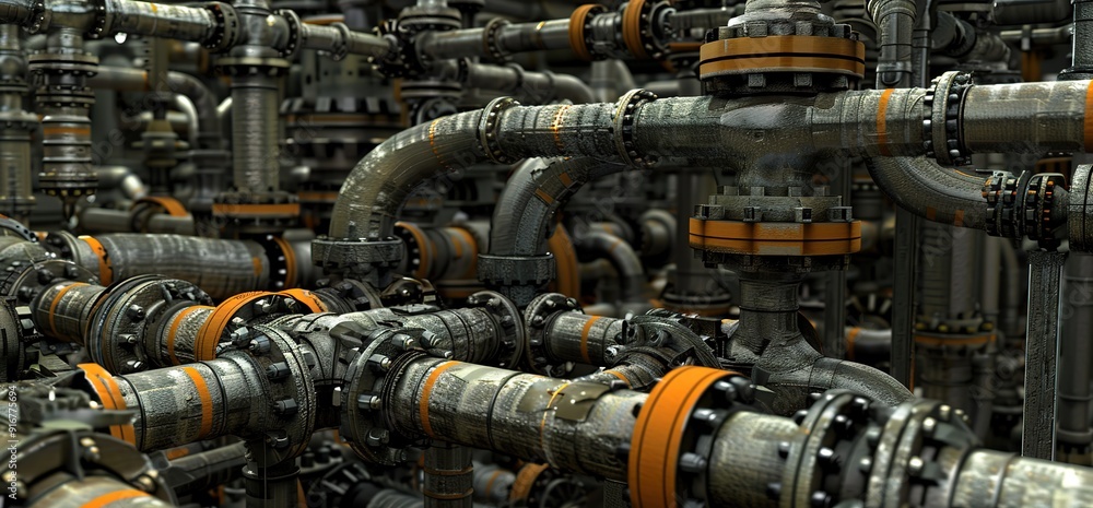 Close up of intricate network of pipes and valves, suggesting industrial machinery or complex system. Close up of intricate network of pipes and valves, suggesting industrial machinery or complex system.
