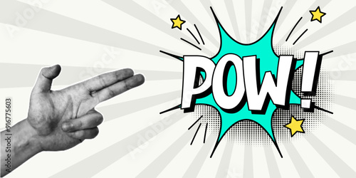 Halftone collage, hand gesture in the shape of a gun, speech bubble with expressive inscriptions pow, green explosion in a comic style. Pop art retro banner, two fingers, arm, cut out of magazine.