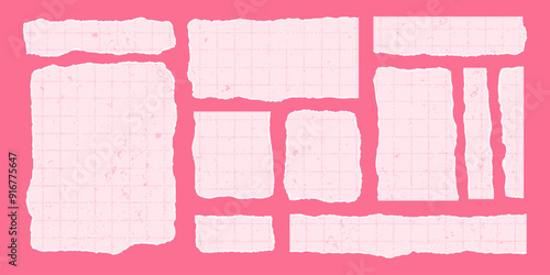Set of pink torn rectangular sheets of aged checkered paper with jagged edges. Ripped vector elements of different shapes with gritty texture. Empty space for text, banner template.