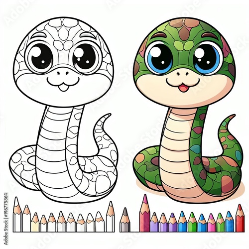 Adorable snake coloring activity with one black-and-white and one vividly colored snake, accompanied by an array of colored pencils underneath. photo