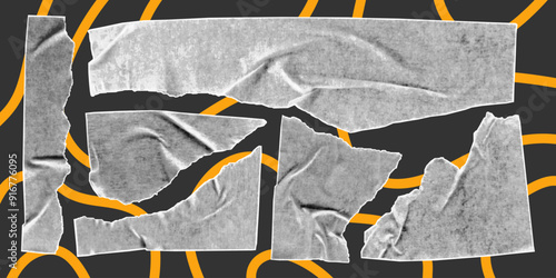 Set of halftone collage elements isolated on white background. Torn pieces of paper tape with jagged edges. Cut and ripped sheets, yellow doodle lines.