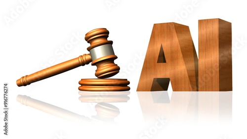 Judge gavel of wood - wooden AI letters with reflection - regulation of Artificial Intelligence concept - 3D Illustration