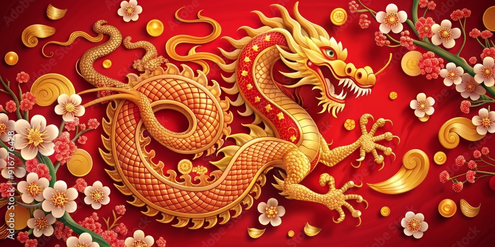 Vibrant red and gold decorative elements surround a majestic roaring dragon, symbolizing courage and strength, amidst blooming peach blossoms and lucky coins. Vibrant red and gold decorative elements surround a majestic roaring dragon, symbolizing courage and strength, amidst blooming peach blossoms and lucky coins.