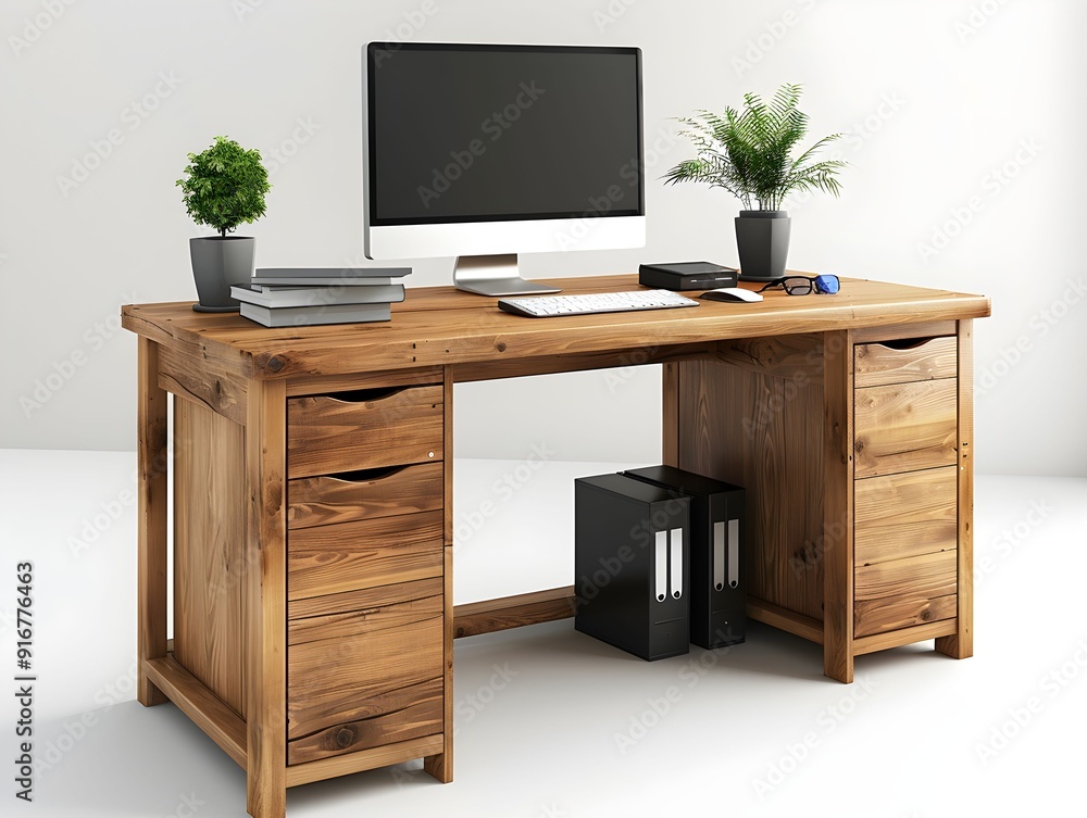 Modern wooden desk setup with computer, plants, and office supplies in a bright workspace Modern wooden desk setup with computer, plants, and office supplies in a bright workspace