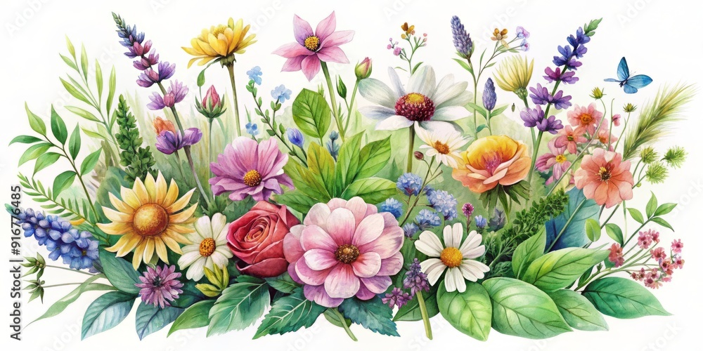 Vibrant wildflowers and lush greenery bursting with color and texture in a whimsical watercolor illustration, perfect for elegant wedding stationery, fashionable designs, and nature-inspired decor. Vibrant wildflowers and lush greenery bursting with color and texture in a whimsical watercolor illustration, perfect for elegant wedding stationery, fashionable designs, and nature-inspired decor.