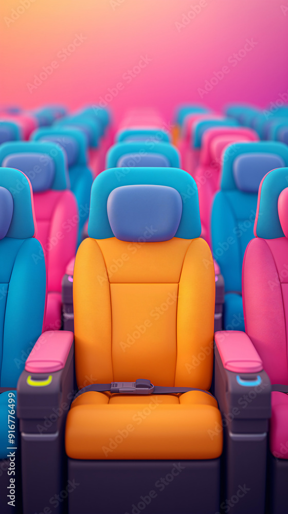 Obraz premium A row of colorful cinema seats features an orange seat surrounded by pink and blue ones, creating a lively environment for movie enthusiasts
