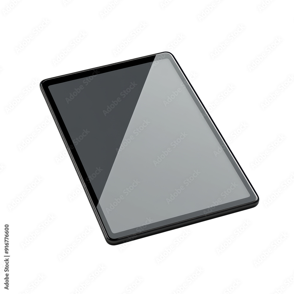 A black tablet with a clear screen sits on a white background. The tablet is rectangular in shape and he is a tablet computer A black tablet with a clear screen sits on a white background. The tablet is rectangular in shape and he is a tablet computer
