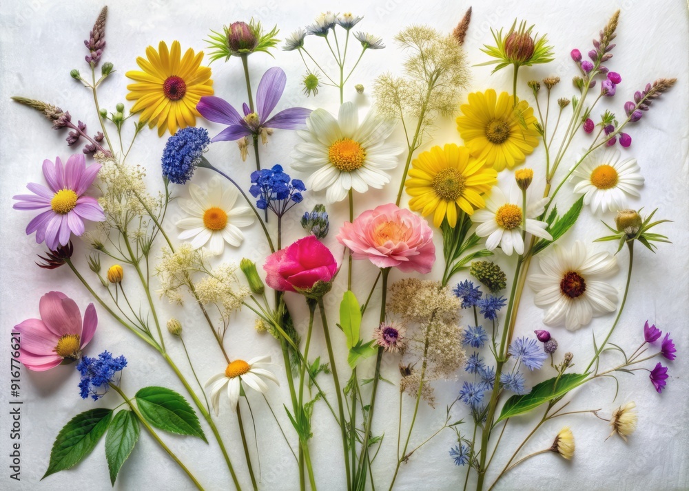 Delicate, vibrant wildflowers in various shapes and sizes pressed between white paper, forming a beautiful bouquet, set against a subtle floral background. Delicate, vibrant wildflowers in various shapes and sizes pressed between white paper, forming a beautiful bouquet, set against a subtle floral background.