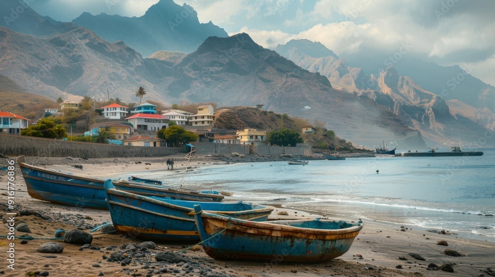 Landscape of The Cape Verde islands in the early morning with houses on the sea coast. Old boats in the foreground. Mountains in the background Landscape of The Cape Verde islands in the early morning with houses on the sea coast. Old boats in the foreground. Mountains in the background