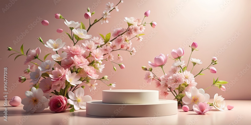 Delicate pink and white spring flowers bloom on a 3D podium stand against a soft, minimalist background, ideal for showcasing beauty and cosmetic products in a natural setting. Delicate pink and white spring flowers bloom on a 3D podium stand against a soft, minimalist background, ideal for showcasing beauty and cosmetic products in a natural setting.