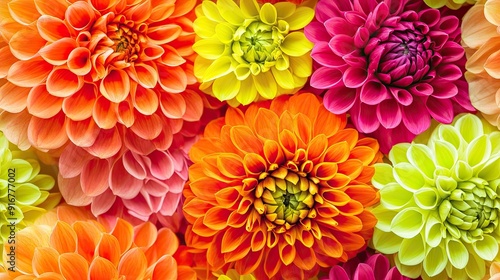 Fototapeta Naklejka Na Ścianę i Meble -  A vibrant wall of dahlias and peonies in orange, pink, and yellow blooms arranged for photography under natural light