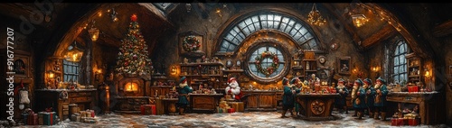Design a whimsical Christmas background with a Santa workshop, bustling with elves preparing toys for delivery