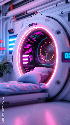A sleek sleeping pod featuring vivid glowing lights and an advanced interface, set in a modern, high-tech room at night