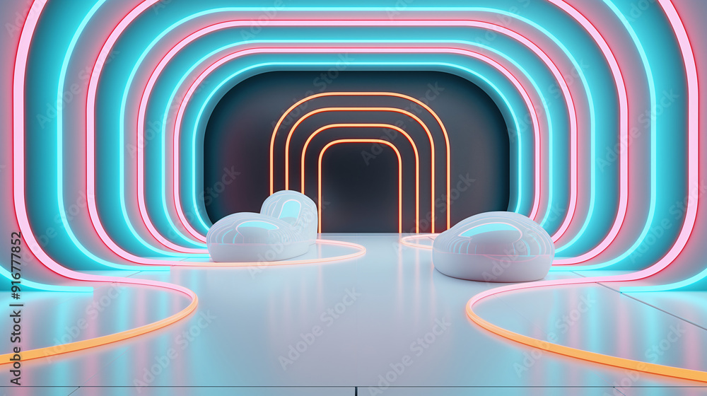 Obraz premium A spacious area showcasing sleek, rounded seating amid neon-lit arches, creating a visually striking and contemporary atmosphere
