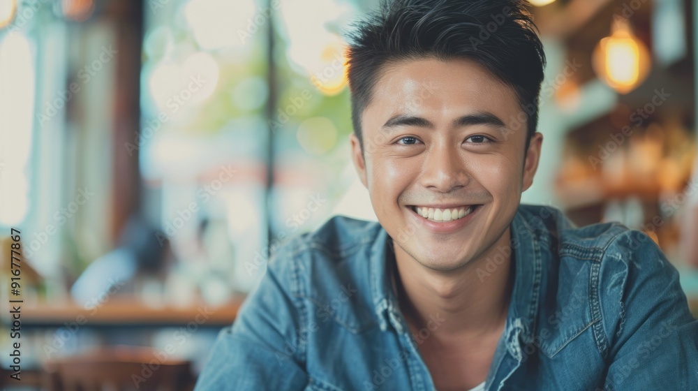 A man with a blue shirt and short hair is smiling A man with a blue shirt and short hair is smiling