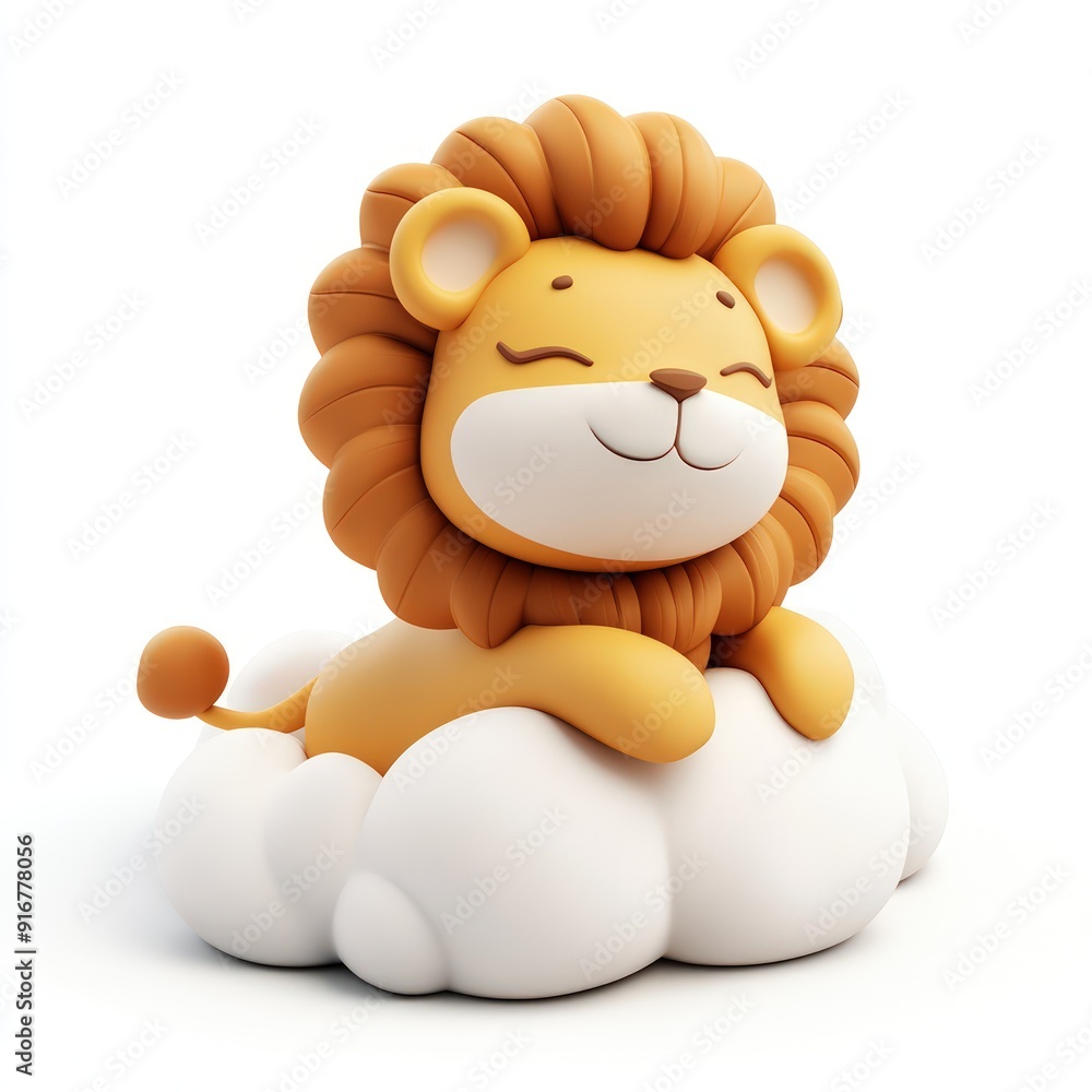 Fototapeta premium 3D icon of sleepy lion sitting on cloud