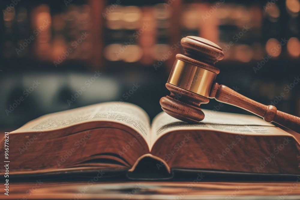 Justice in the legal system is symbolized by the wooden gavel and open law book in this courtroom scene. Idea Courtroom, Justice, Legal System, Law Book, Gavel, Generative AI. Justice in the legal system is symbolized by the wooden gavel and open law book in this courtroom scene. Idea Courtroom, Justice, Legal System, Law Book, Gavel, Generative AI.