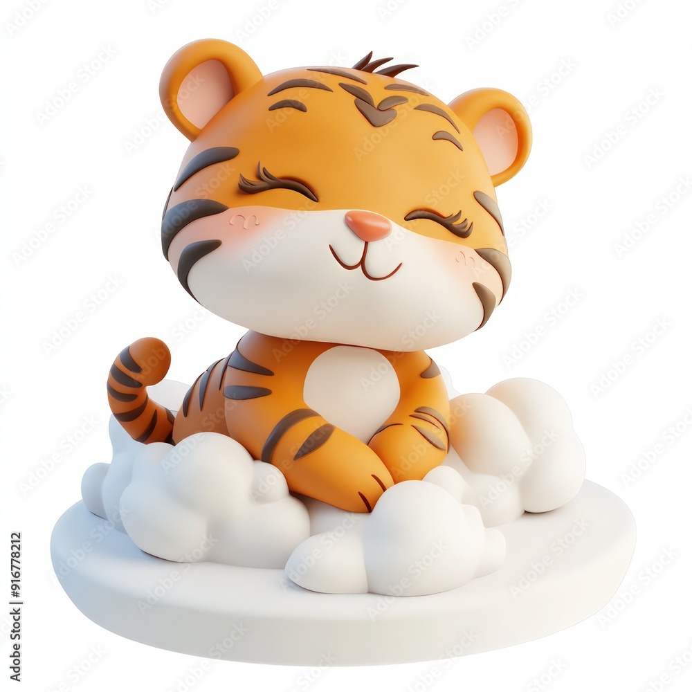 Naklejka premium 3D icon of sleepy tiger sitting on cloud