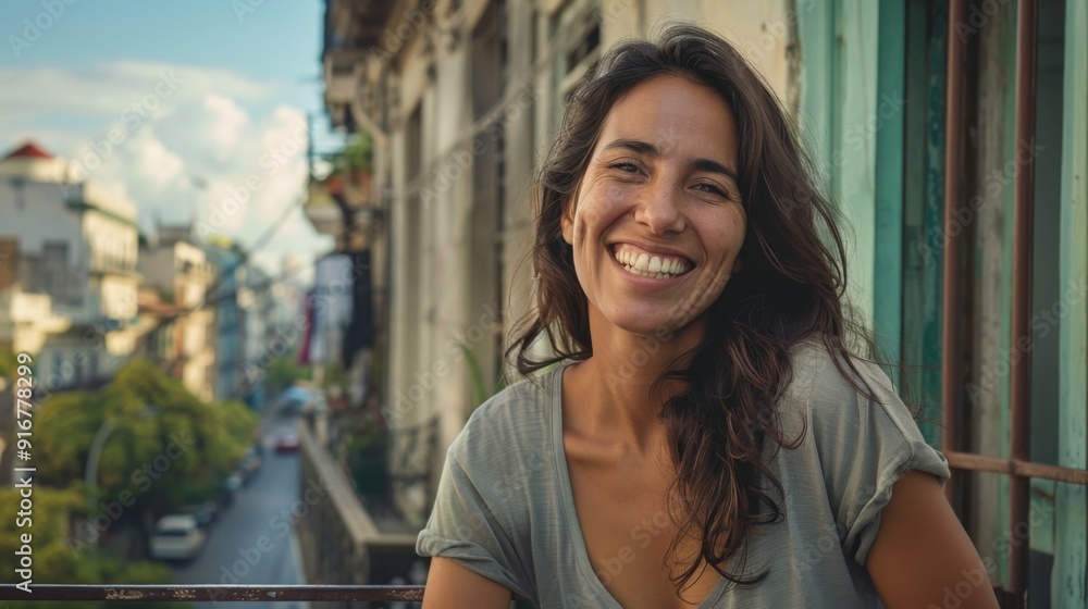 Portrait of a happy smiling Hispanic woman on a terrace of a old building in Buenos Aires Portrait of a happy smiling Hispanic woman on a terrace of a old building in Buenos Aires