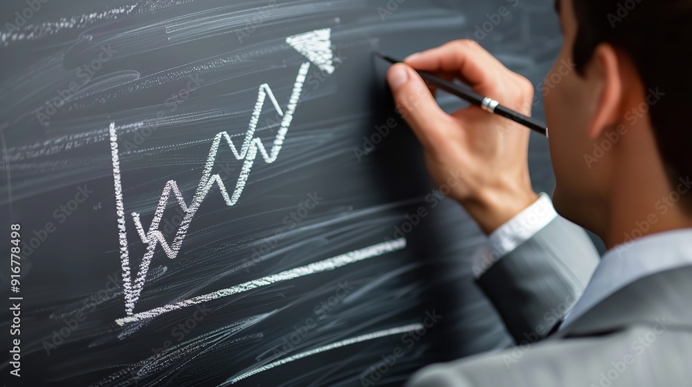Leadership and development in business. Entrepreneur sketching an arrow of growth on a whiteboard, Generative AI. Leadership and development in business. Entrepreneur sketching an arrow of growth on a whiteboard, Generative AI.