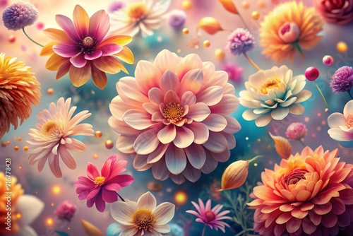 Delicate, intricately detailed, and vibrantly colored realistic petals and flowers scatter across a soft, dreamy background, perfect for posters, greeting cards, and artistic designs.