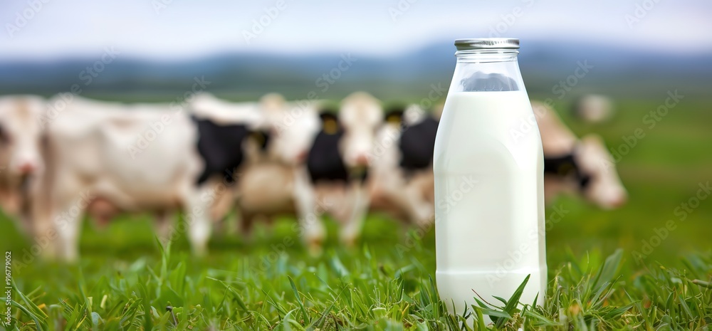 A glass bottle of fresh milk stands in a field with cows grazing in the background. A glass bottle of fresh milk stands in a field with cows grazing in the background.