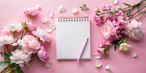 A white blank note lies on a pink table surrounded by fresh pink flowers, creating a soft, feminine, and inviting atmosphere perfect for springtime writing. photo